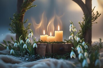 Imbolc-themed celebration with candles, snowdrops, and warm glowing light.

