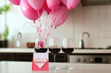 Three glasses of wine in the kitchen decorated with pink heart-shaped balloons at a women's party, Galentines day