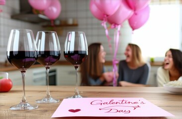 Three glasses of wine on a table decorated with pink heart-shaped balloons at a women's party on a blurry background of laughing women. Galentines day