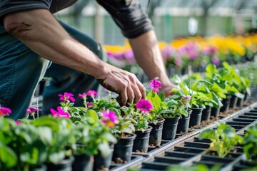 Professional gardener cultivating vibrant flowers in a greenhouse setting