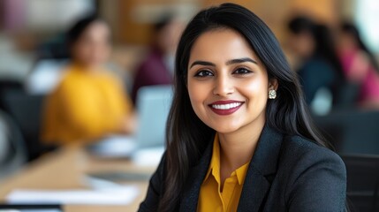 Close up happy young indian ethnic businesswoman talking about finance business project. Smiling diverse attractive female leader discussing sales presentation with workers in boardroom at meeting.
