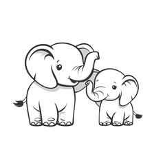 Fototapeta premium Two cartoon elephants, one large and one small, with a white background, for kids