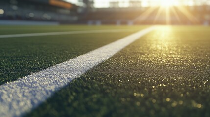Close up image of white field lines of the penalty area on a football field with synthetic turf. White layout of the box line on a soccer field with green synthetic grass with warm autumn sun light.