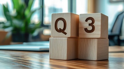 Close up image of wooden cubes with alphabet Q3 on office desk. Third quarter concept.