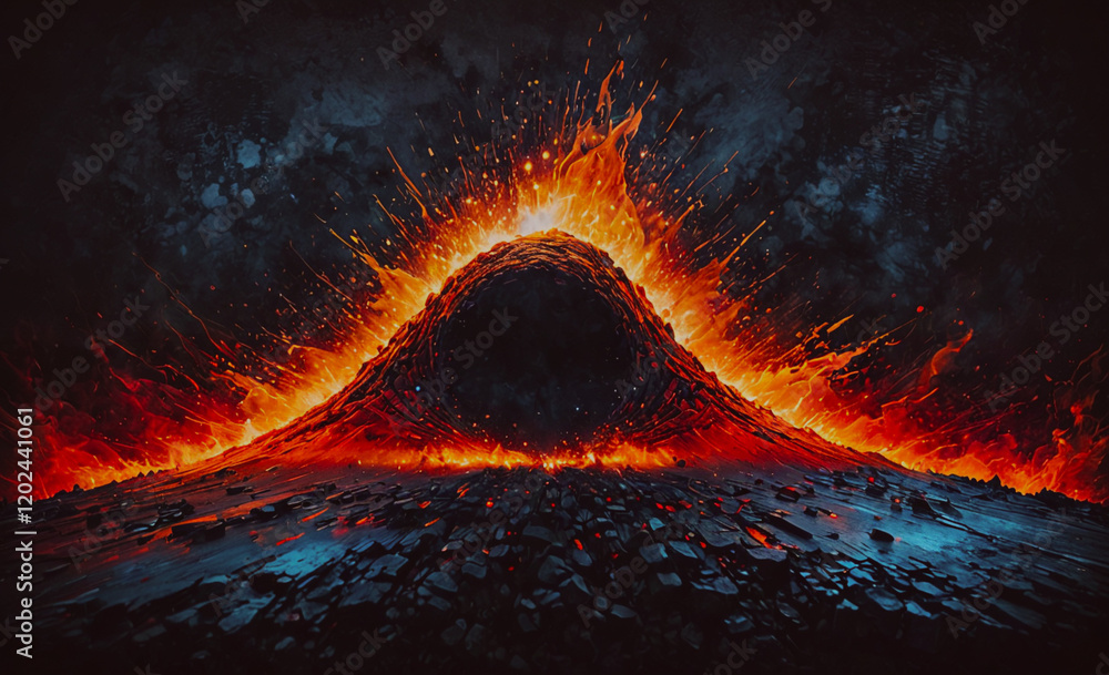 Aufkleber a fiery mountain with a hole in the middle. the mountain is surrounded by a black background. concep