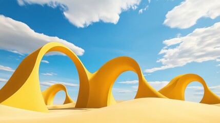 Abstract yellow arches in a desert landscape under a blue sky with clouds.