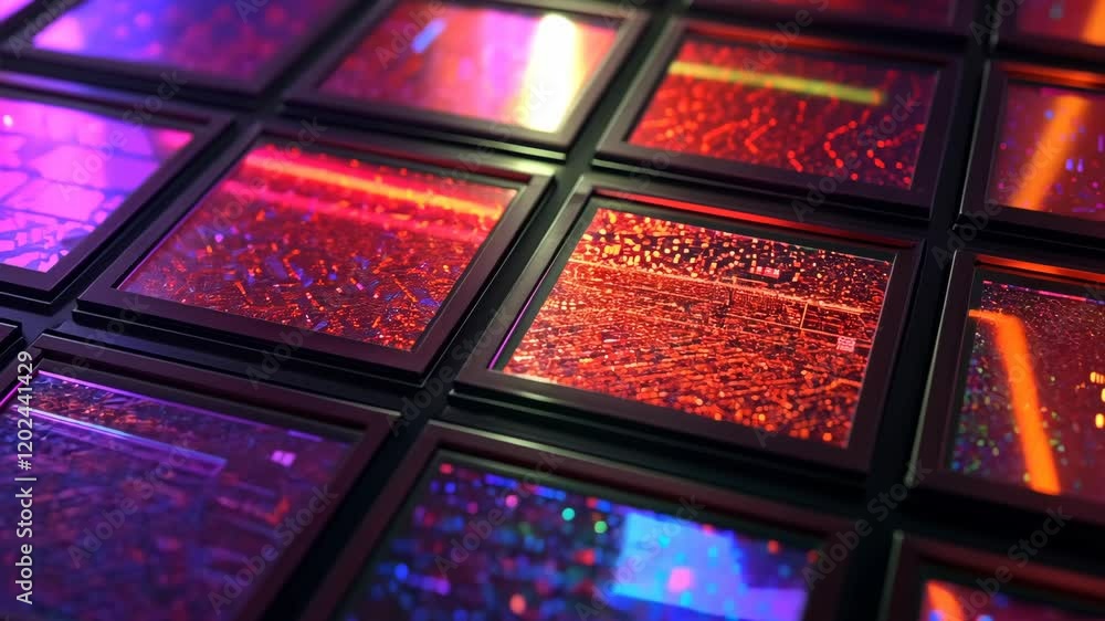 Poster colorful display of abstract textures created with reflective panels illuminating a modern space
