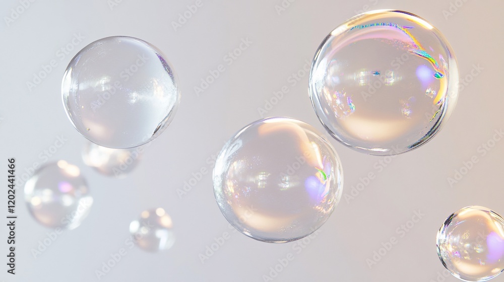 Poster floating iridescent soap bubbles on a light background.
