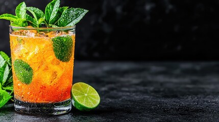 Refreshing orange cocktail with mint and lime on dark background; perfect for summer drinks menu