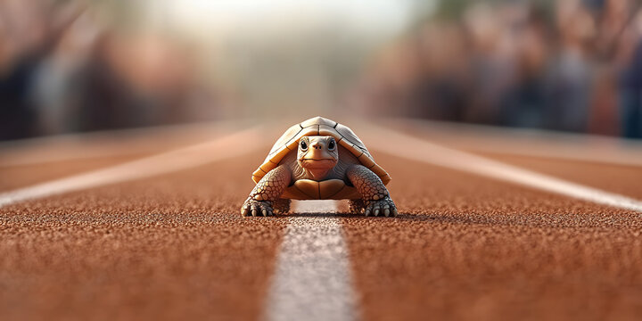 Determined turtle on a race track, ready to compete.  A symbol of perseverance and slow but steady progress.