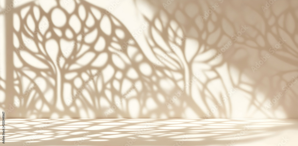 Poster elegant beige abstract shadow play: intricate leaf pattern casts on a smooth surface
