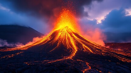 Erupting volcano with flowing lava and dark clouds in the sky at dusk showing the danger