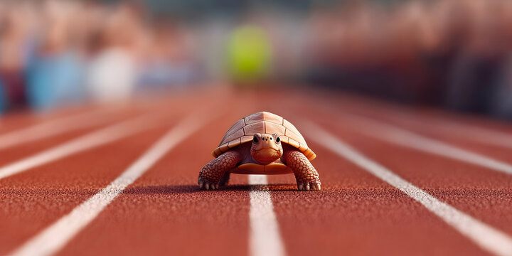 A determined turtle slowly but surely makes its way across a running track, showcasing perseverance.
