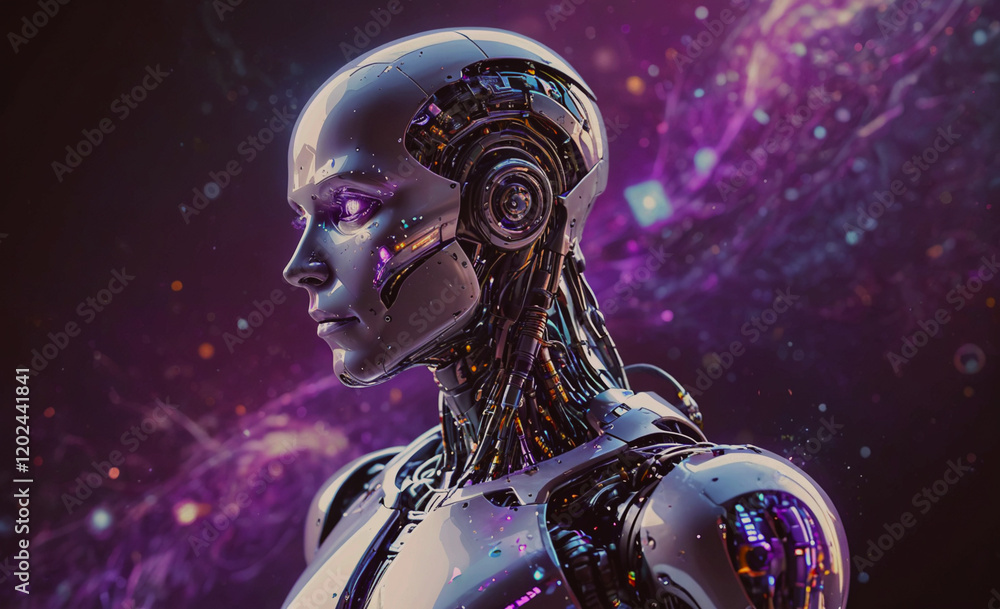 Poster A robot with a face and a body made of metal. The robot is standing in a purple background