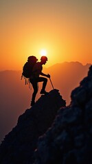 Silhouette of a Climber Reaching the Mountain Peak at Sunset