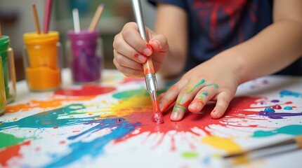 Naklejka premium Child's Hands Engaged in Creative Colorful Painting With Bright Acrylic Paints