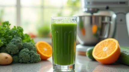 Fototapeta premium Glass of Fresh Green Juice Surrounded by Healthy Vegetables in a Bright Kitchen