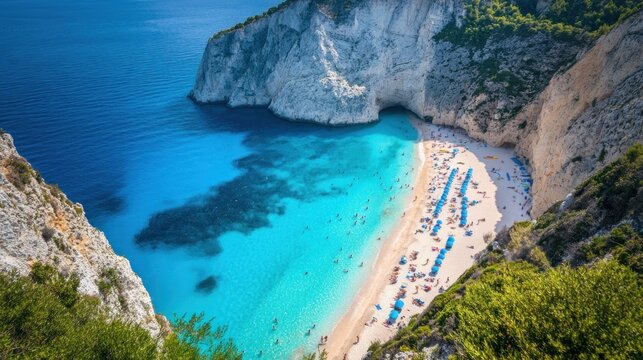 Aerial view of a secluded cove with turquoise water, white sand beach, and sunbathers.