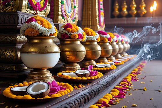 Thaipusam festival kavadi with sacred offerings, vibrant flowers, and temple setting.

