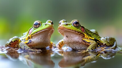 Naklejka premium Two green frogs sit side by side in a calm pond during the day, reflecting in the still water.