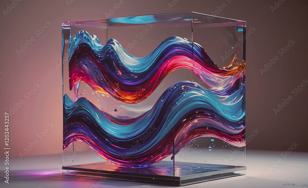 Poster A cube made of glass with a colorful wave pattern on it. The colors are purple, blue, and red. The cube is sitting on a table