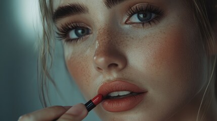Close up of beautiful woman applying lipstick