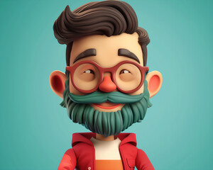 Naklejka premium Playful 3D Illustration of a Hipster Character with Glasses and Beard, Ideal for Creative Projects and Branding.