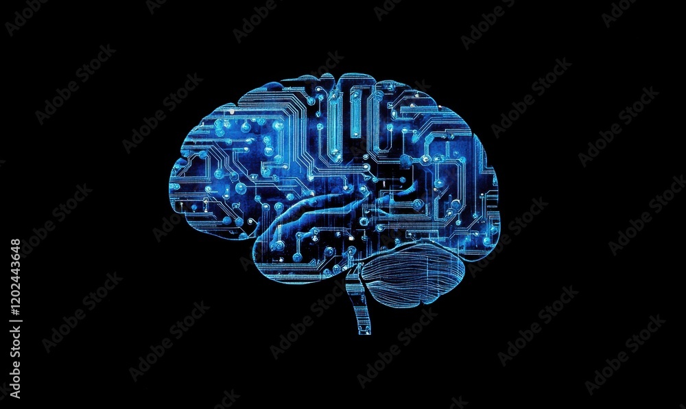 Poster a blue circuit board with digital code flowing through it, connected to an illustration of the human