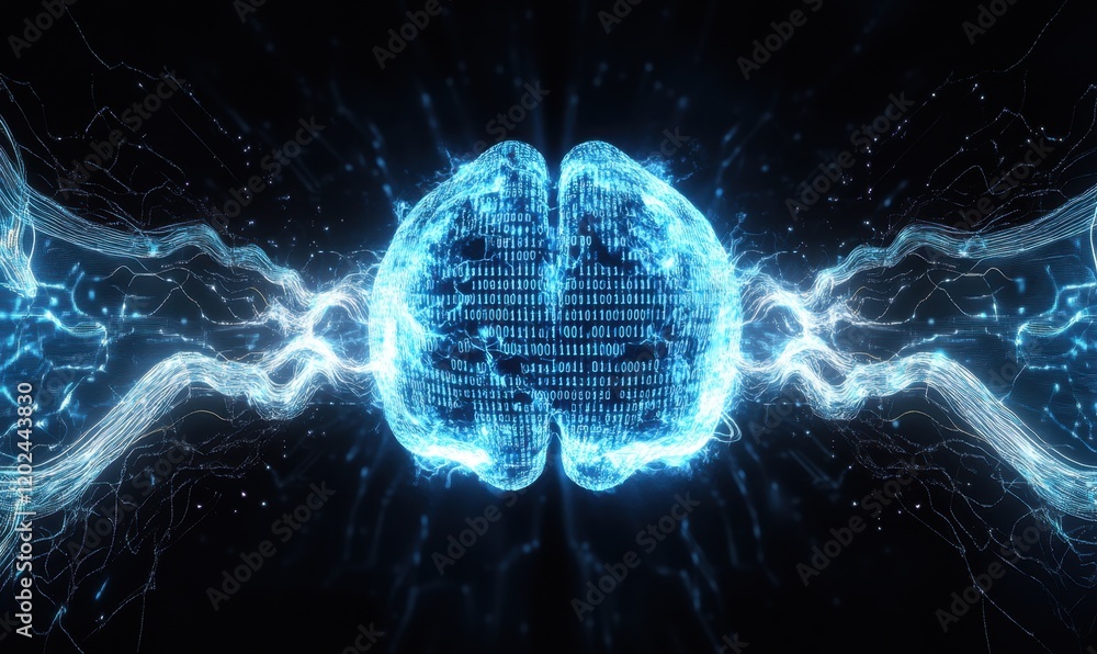Poster a blue digital brain made of binary code, with two waves flowing around it on the left and right sid