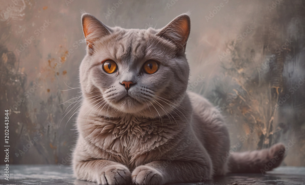 Poster a grey cat with yellow eyes is laying on a table. the cat appears to be relaxed and comfortable in i
