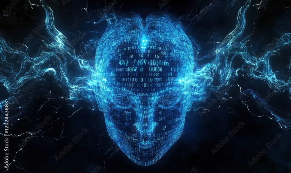 Poster a blue digital brain made of binary code, with two waves flowing around it on the left and right sid