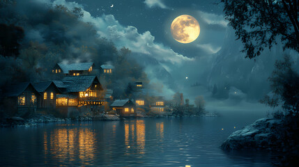 Magical moonlit village scene by lake, night. Mystical Moonlit Scene. Illustration