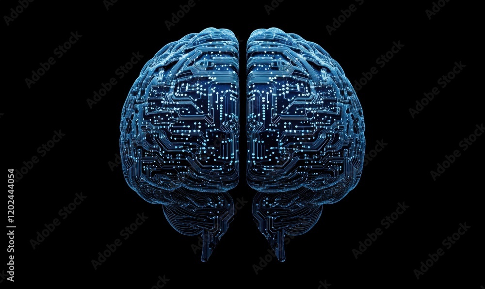 Poster a digital brain made of blue circuit lines and binary code, with two interwoven shapes representing 
