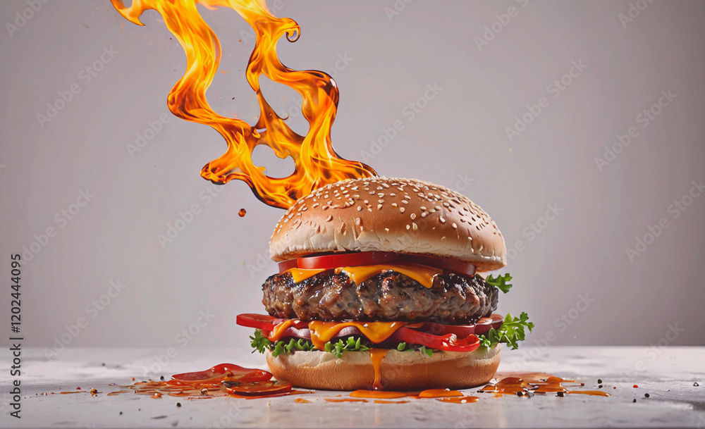 Poster a hamburger with a flame on top of it. the flame is made of melted cheese. the hamburger is on a tab