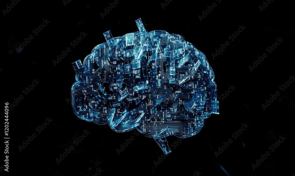 Poster a blue circuit board-like pattern with digital numbers and shapes, forming the shape of an ai brain 