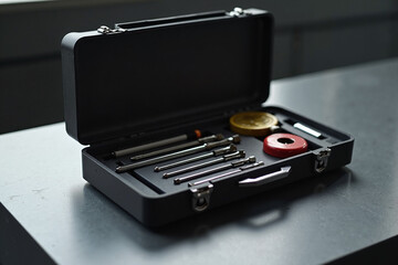 Toolbox with various tools on a dark surface