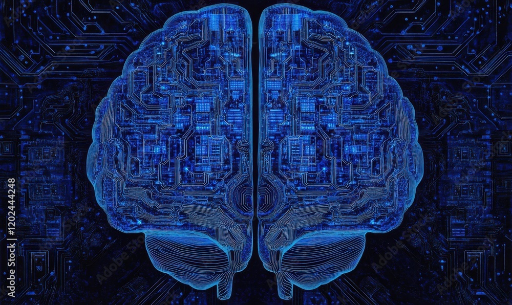 Poster a blue digital brain with circuit patterns on the outside, symbolizing artificial intelligence and t