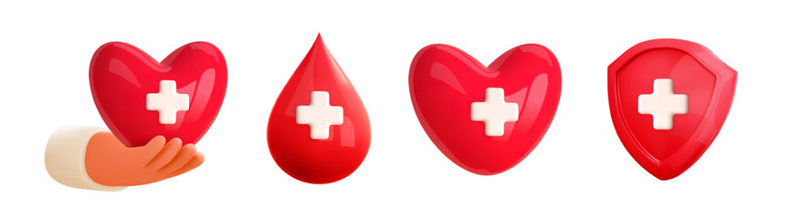 3d medical icon. Health care and medicine. Hand give heart, health protection red shield , blood drop with cross. Donate or volunteer concept Vector 3d elements for medical design projects
