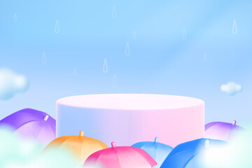 3d monsoon sale template. Color umbrella, podium in clouds in rainy sky background. Autumn concept season design element. Vector cartoon illustration