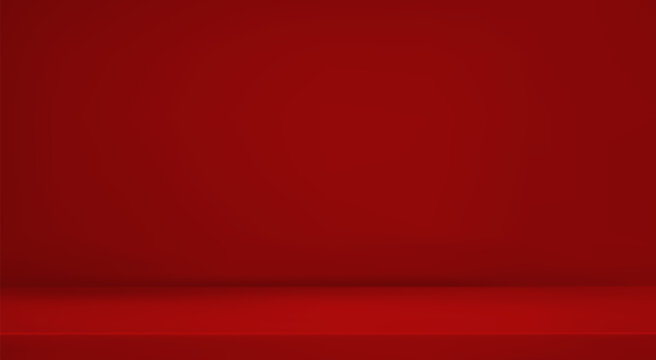 3d abstract studio room background. Red empty gradient backdrop. Product minimal interior mockup. Scene for product presentation. Christmas mockup. Vector illustration.