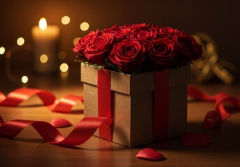 A beautifully wrapped gift box with red roses and ribbon, perfect for Valentine's Day, surrounded by soft, glowing light. 