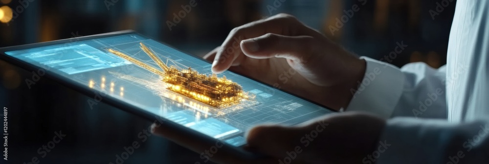 Poster hands interact with a 3d model of an oil rig on a tablet in a modern workspace setting. generative a