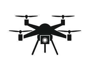 black silhouette of a quadcopter drone with four propellers and a camera mounted underneath, isolated on a white background. ideal for technology, surveillance, and aerial photography concepts.