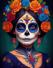 Sugar skull girl. Day of The Dead. Dia DE Los Muertos face painting, Mexican Holiday, costume	