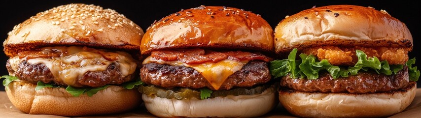 Three juicy burgers on a black background.