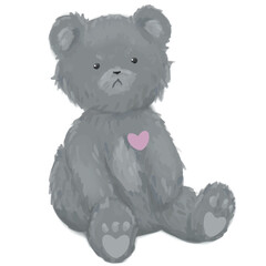 Sad gray teddy bear vector illustration, pink heart, child drawing style, clear background, cute soft emotional delicate nostalgic, simple adorable gentle, timeless lovely design, decorative friendly