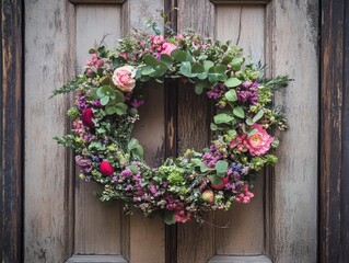Fototapeta premium Floral wreath decorates rustic wooden door with vibrant colors and lush greenery