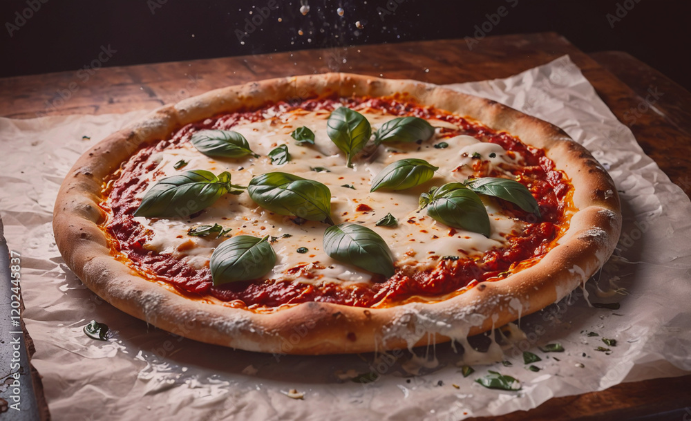 Poster a pizza with basil leaves on top of it. the pizza is sitting on a piece of paper