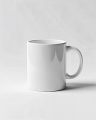 Obraz premium Blank white ceramic mug on a minimalist table with soft light highlighting its smooth surface