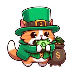 Cartoon-style illustration of a cat dressed as a leprechaun for St. Patrick's Day, wearing a hat and coat, carrying cash in his mouth isolated on transparent background